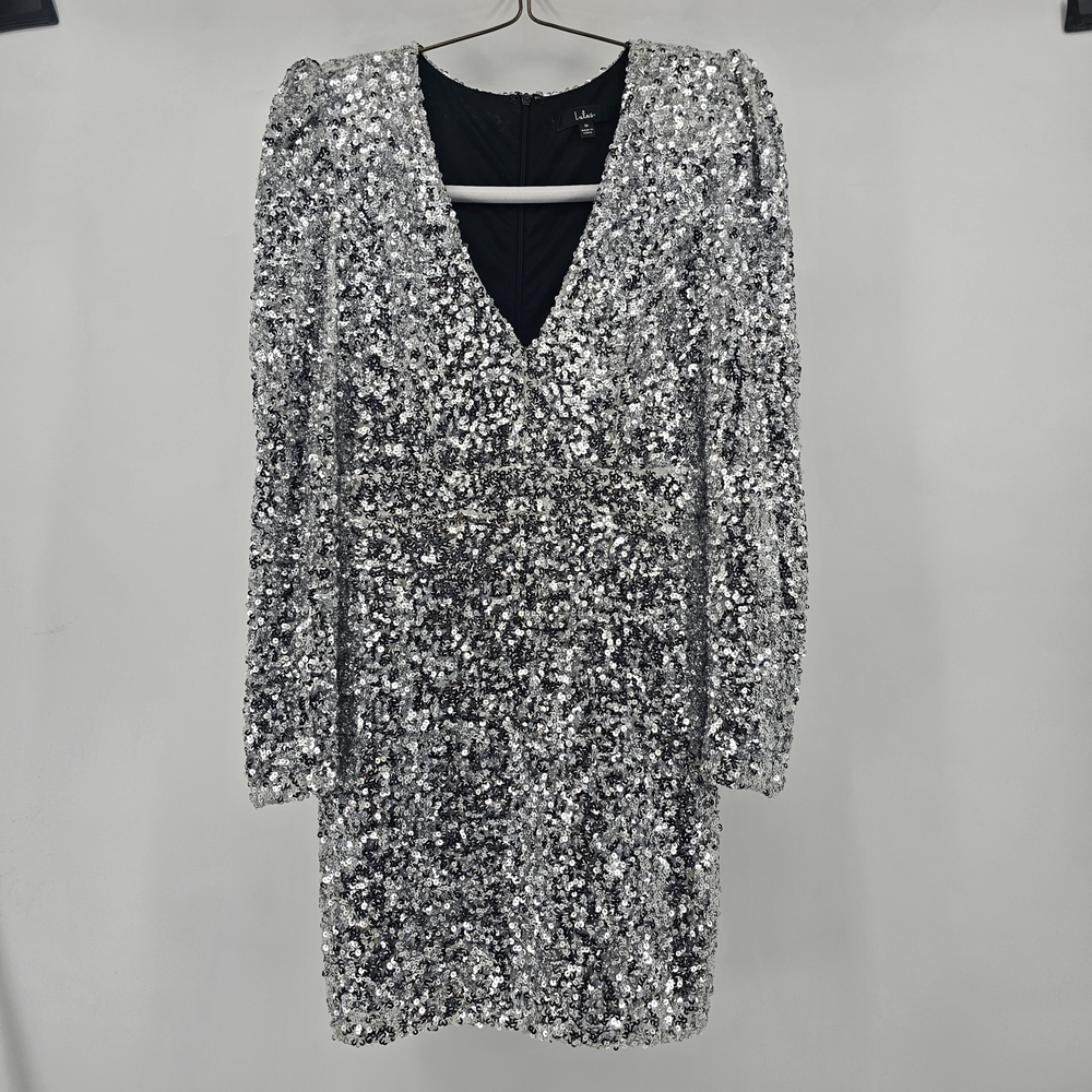 Lulus "Party‎ Starts Now" Silver Sequin Long Sleeve Tulip Mini Dress